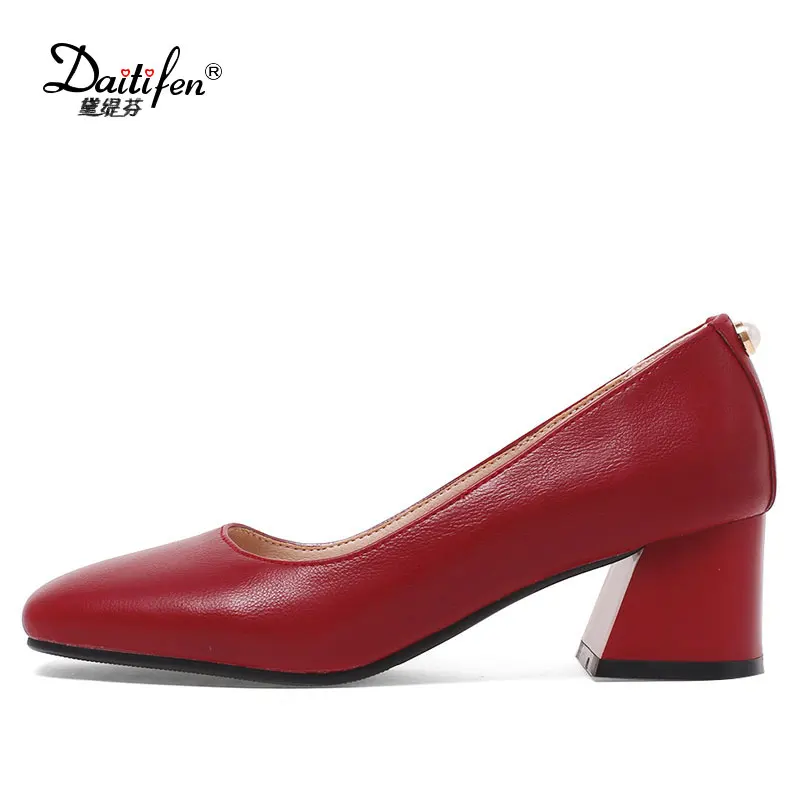 Daitifen Women High Heel Pumps Red Thick Heel Pumps Square Toe Pump