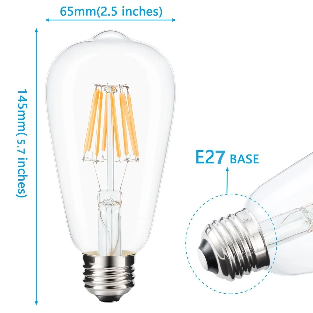 С регулируемой яркостью Эдисон светодиодный лампы ST64 4 Вт/6 Вт/8 Вт Винтаж лампы, 2200 K/2700 K, E27 светодиодный нити светильник лампы, лампы накаливания 60 Вт эквивалент 6 шт. в упаковке