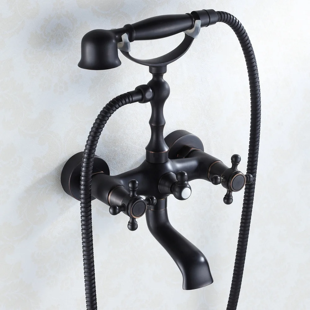 Copper bathroom shower faucet black three-piece bronze triple bathtub faucet with hand shower spray hot and cold