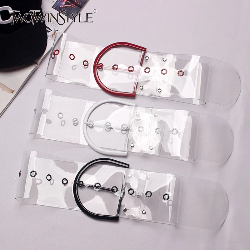 

TWOTWINSTYLE Transparent Female Hollow Out High Waist Wide Belts 2019 Summer Womens Fashion Harajuku Clothing