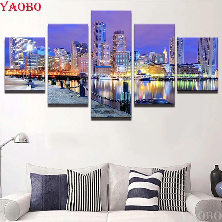 DIY diamond painting 5 Panel Boston Harbor Night Landscape full square