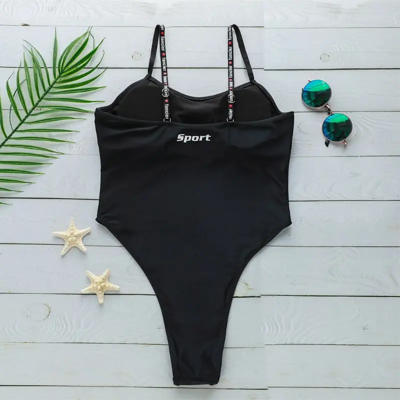 

Bikini Letters Printed Spaghetti Monokini Rubber Stripes Printed Sport Swimsuit High Cut Slimming Solid Color Bathing Suit