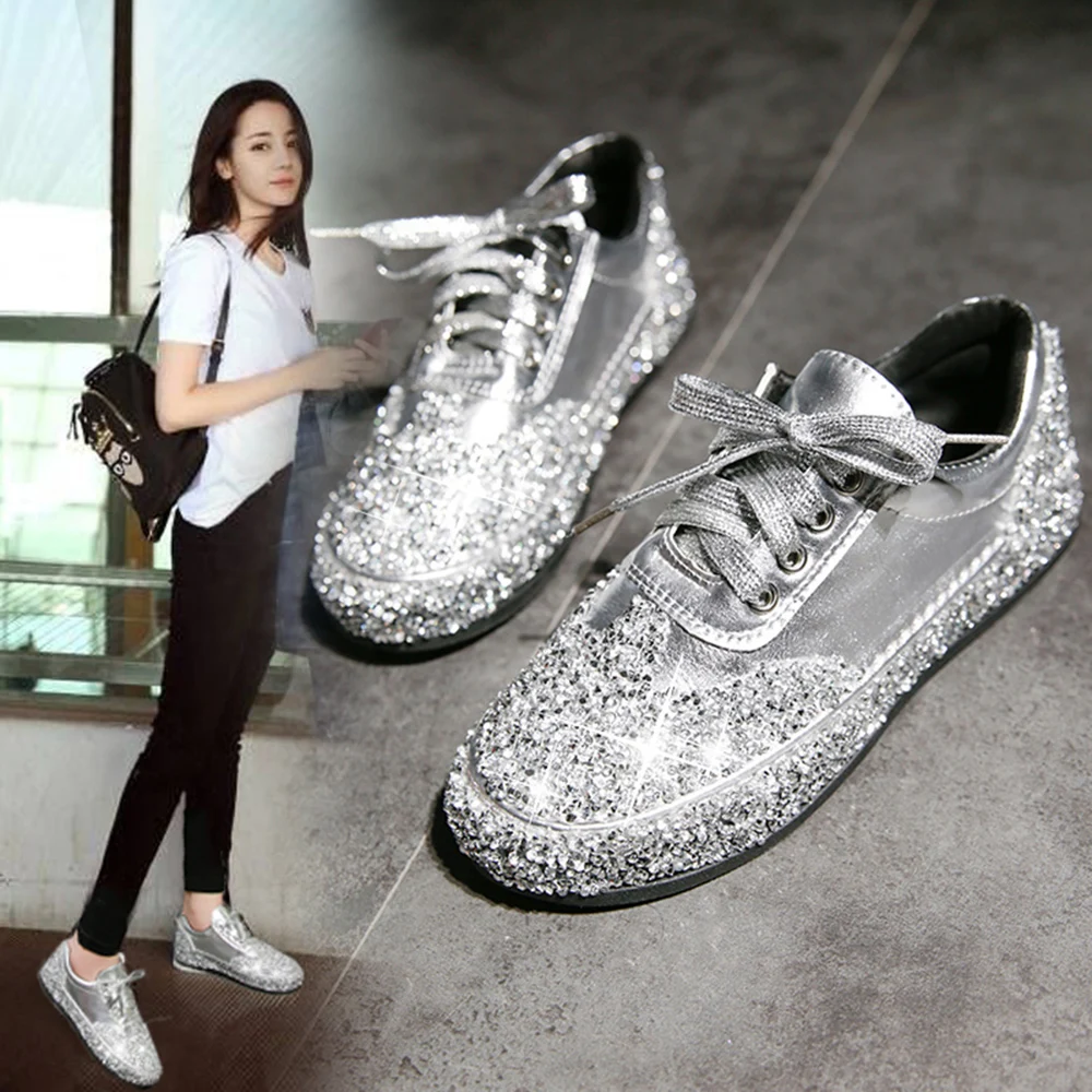 

New Women Flats bling Sequined cloth leather patchwork Shoes lace up flat Shoes ladies sneaker low heel round toe comfortable