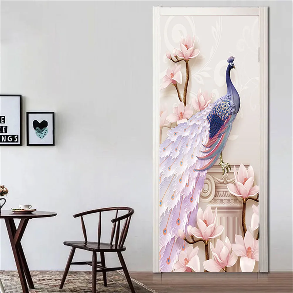 

Creative Warm Pink Peacock Home Door Stickers Simple European And American Style PVC Waterproof wallpaper Room Decoration Decels