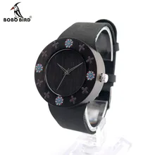BOBOBIRD D25 Ebony Black Wood Women Dress Watch With Print Flowers For Ladies Watch With Anolog