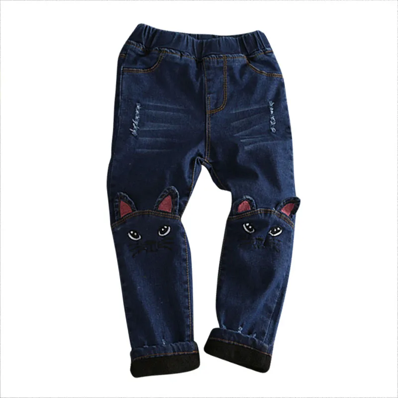 Джинсы для девочек Весна осень с милым рисунком кота повседневные джинсы резинки