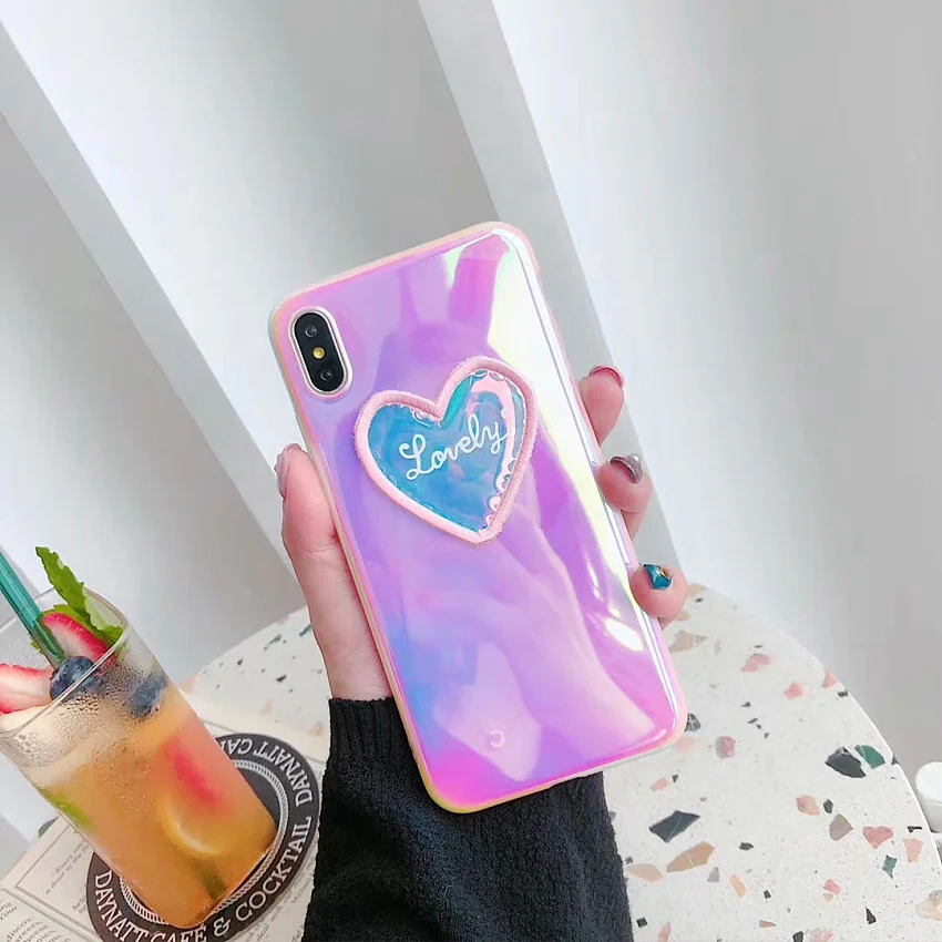 PINK LIPS Blu-Ray Love Heart Laser Mirror Phone Case For iPhone 6 6S 7 8 Plus X XS MAX XR Beautiful Soft IMD Phone Cases Fundas (6)