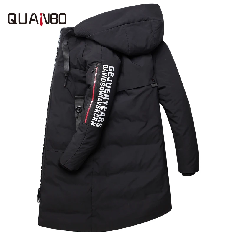

QUANBO 2018 New Winter Couple Models Down Jacket Thick Warm Long Fashion Hooded Coat 90% White duck down Slim Parkas Plus size