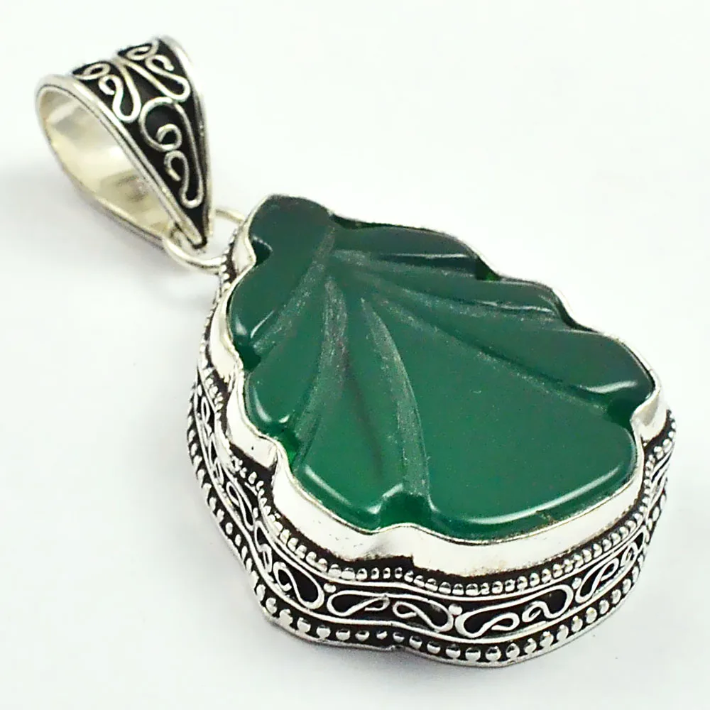 

Carved Leaf Green Onyx Antique Pendant Silver Overlay over Copper , 53 mm, P4711