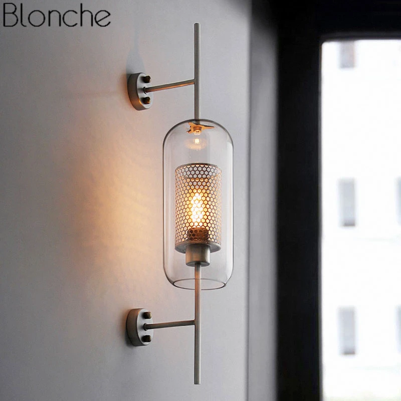 Billige Moderne Klar Glas Schatten Scones Wand Lampen für Schlafzimmer Bedsides Studie Hängen Lichter Loft Retro Eisen Spiegel Licht Net Leuchten