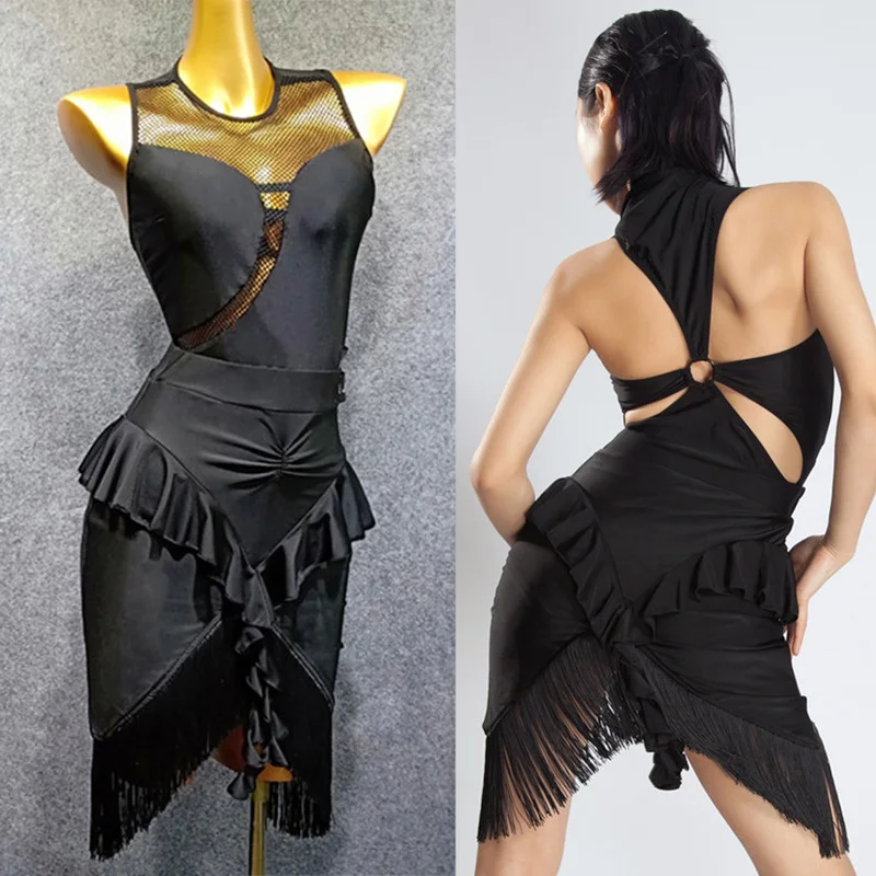 

Latin Dance Dress Women Black Sexy Backless Shirts Tassel Skirt Female Rumba Cha Cha Samba Tango Performance Outfit Wear DN3394
