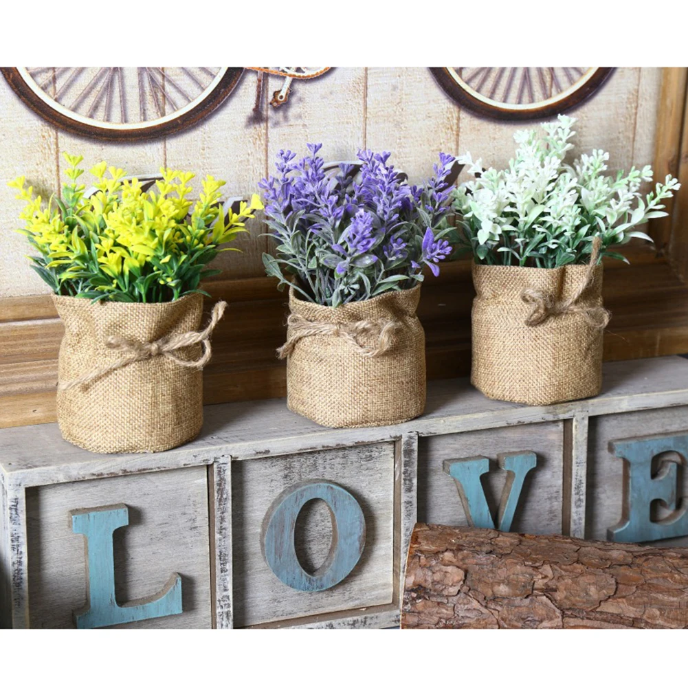 

3 Colors Creative Rural Plastic Artificial Flowers Lavender Potted Plant Bonsai Sack Cloth For Home Party Decorative