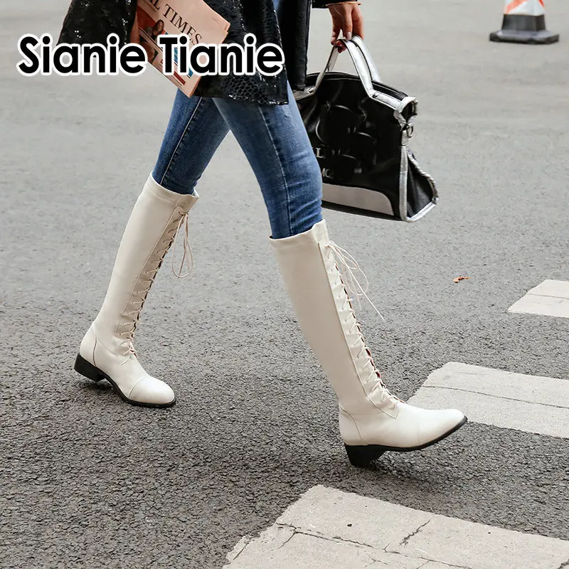 

Sianie Tianie Offwhite Women Motorcycle Boots Round Toe Chunky Heel Riding Boots Shoes Female Lace Up Knee High Boots Size 33-46