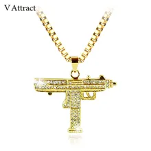 

V Attract Hip Hop Accessories CZ Uzi Gun Pendant Necklace For Men Crystal Kolye Bling Submachine Chain Male Gold Ketting Choker