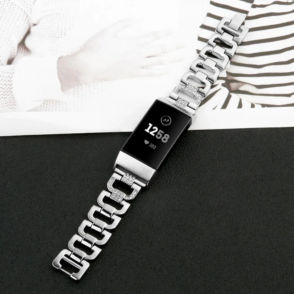 Для Fitbit Charge 3 Band, цинковый сплав, металлический ремешок на запястье, замена, Серебряные стразы, браслет, ремень для Fitbit Charge 3