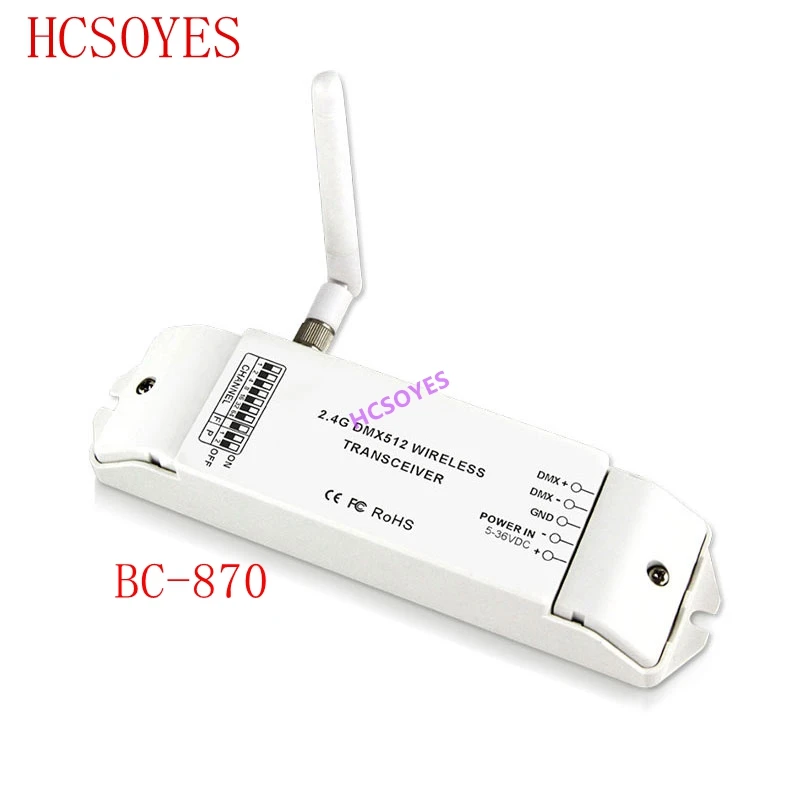 

BC-870 DMX512 Wireless Transceiver Multi-usage DMX signal transmitter set as a receiver or emitter controller;DC5V-36V