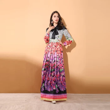 

Custom Plus Size Dress 2020 Spring Latest Turn-down Collar Full Sleeve A-Line Patchwork Print Elegant Floor-Length Dress Women