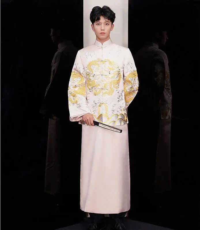Жених Винтаж Свободный чеонгам традиционное китайское свадебное платье атласное Qipao Вышивка костюм дракона Vestido восточные мужские - Цвет: beige DRESS