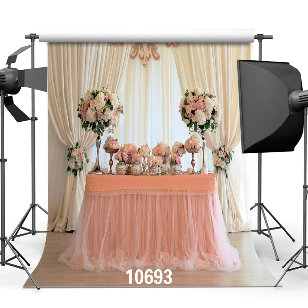 

Pink Curtains Wedding Party Rose Floral Customized Vinyl Photography Backdrops Computer Printed Backgrounds for Photo Studio