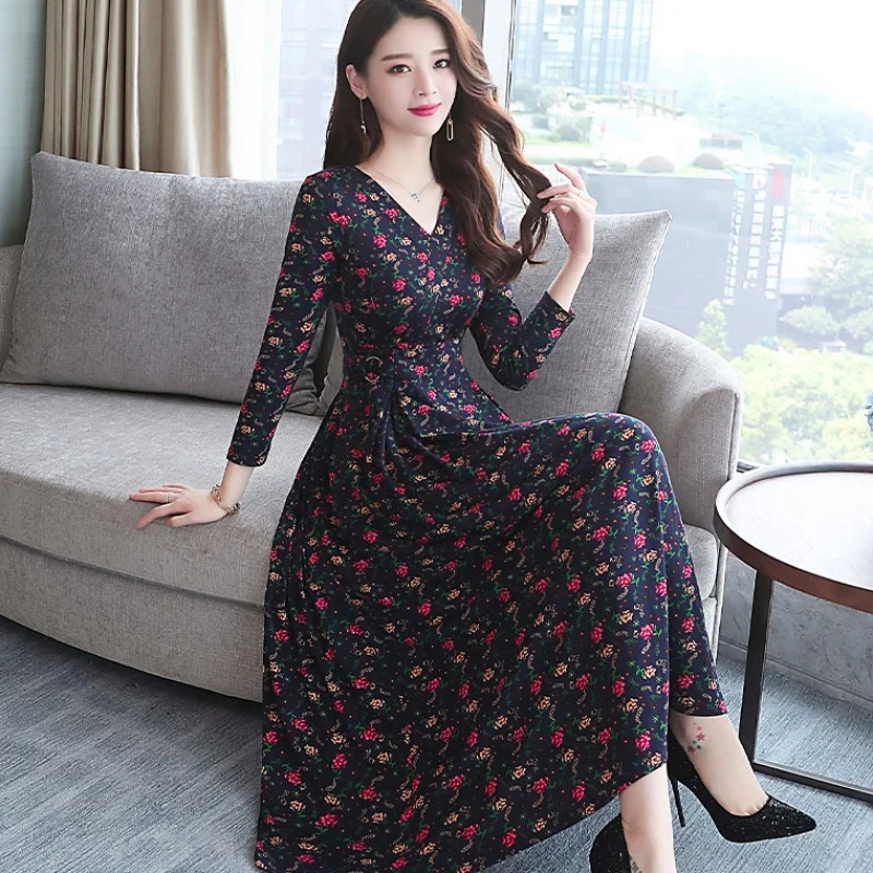 

Boho Sexy V Neck Women Robe Dress Full Sleeve Floral Office Long Dress Female Loose Beach Maxi dress Vestidos Large Size XXXL