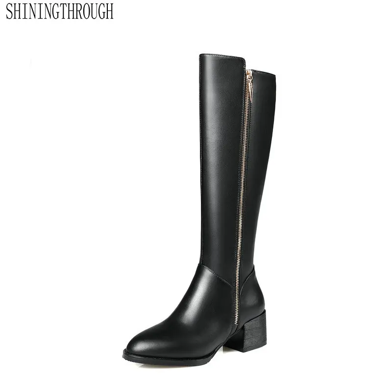 

Genuine Leather Fashion Zipper Boots Square High Heel Knee High Boots Concise Round Toe Spring Autumn Women Shoes Size 34-43