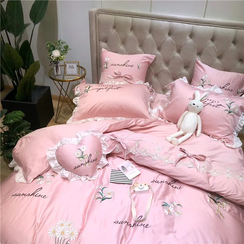 Little Daisy embroidery Bedding Sets girls Beddingset egyptian cotton Bed Linen Duvet Cover Bed Sheet Pillowcase/bed Sets 4/7pcs