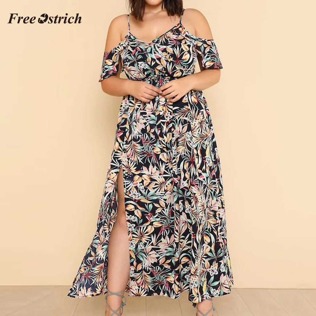 

Free Ostrich Plus Size 5XL Women dress Cold Should Camis Leaves Print Short Sleeve Slit Dress Casual Beach Dress Vestidos 65