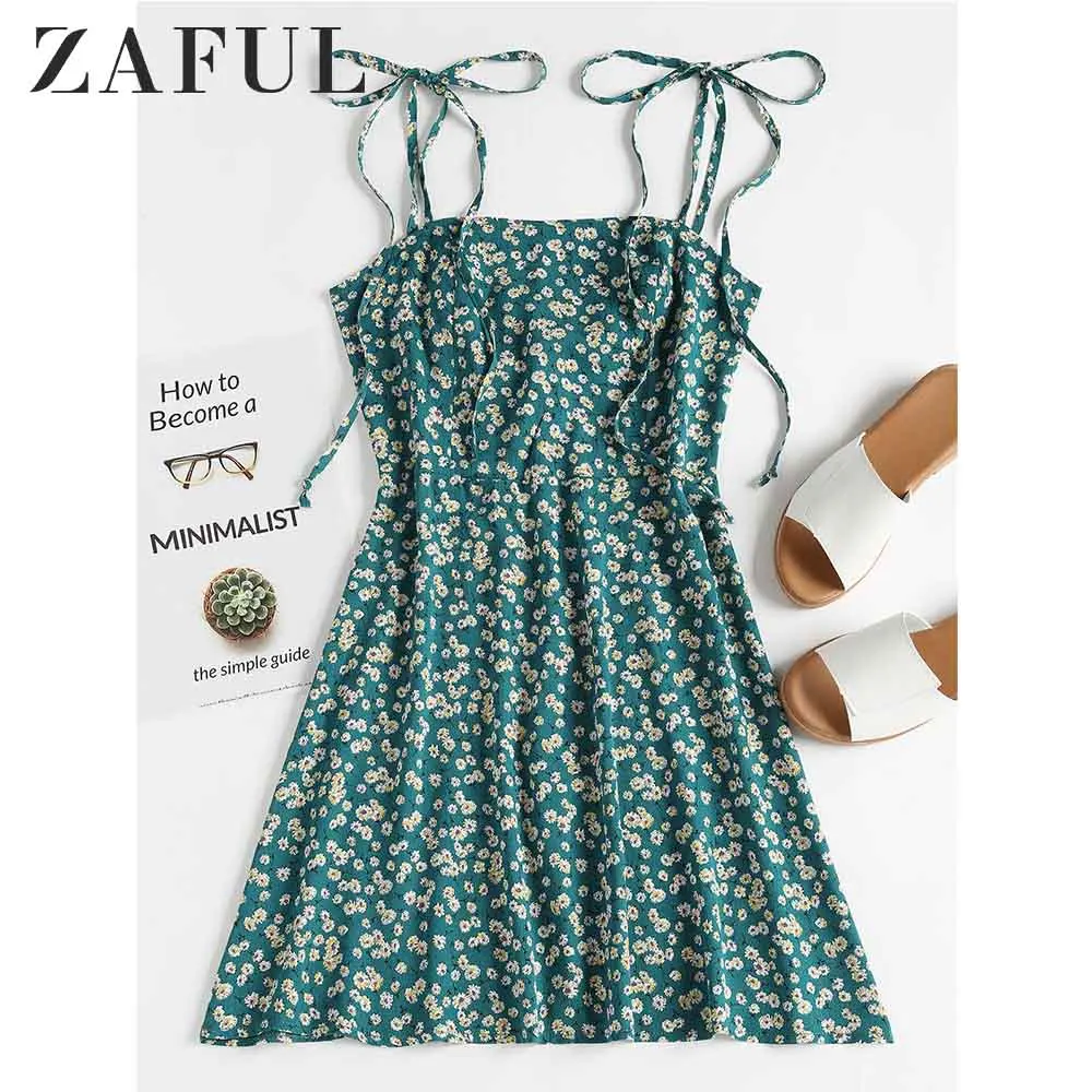 

ZAFUL Floral Tie Strap Apron Mini Sundress Women Dress Fashion Spaghetti Strap Sleeveless Short Dresses Summer Dress Vestidos