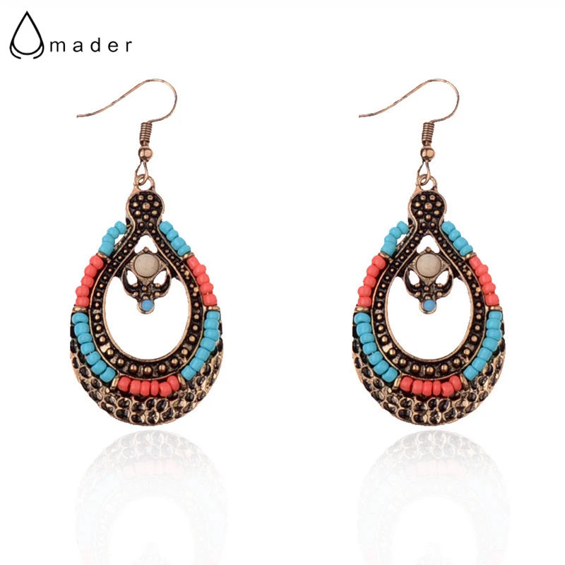 

Amader Women's Water Drop Gold Earrings With Blue&Orange Beads Female Summer Ethnic&Vintage Earrings Kolczyki HQE793