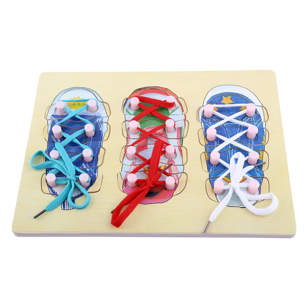 Children Toys Wooden Tie Shoe Toy Lacing Threading Board Matching