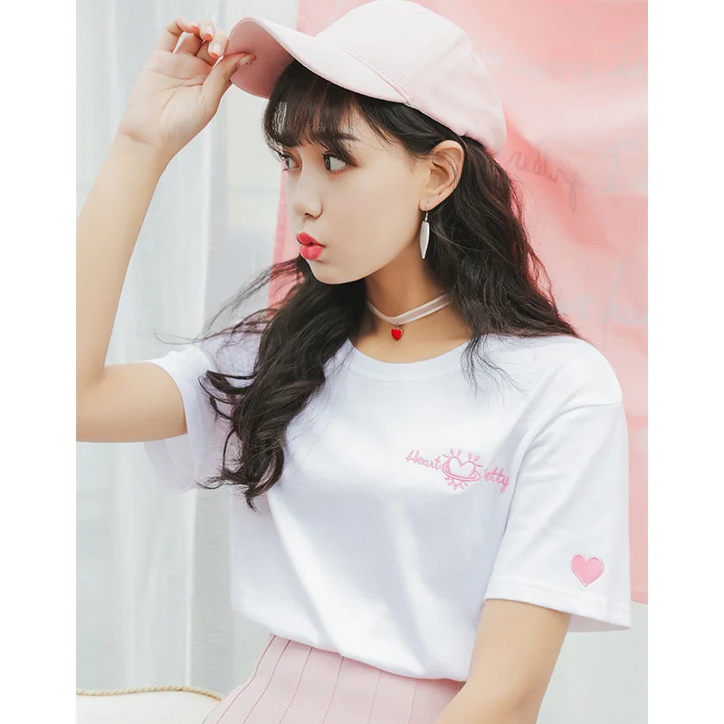 Ulzzang Harajuku Милая летняя футболка с вышивкой в виде сердца для школьниц 2018 новая
