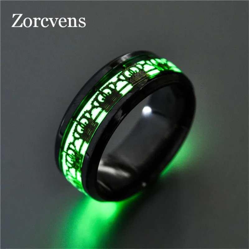 

ZORCVENS Green Glow in the Dark Ring for Men Stainless Steel Crown Wedding Band Luminous Ring