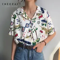 Cheerart Корейская блузка женская с отворотом Цветочная блузка с принтом рубашка с коротким рукавом повседневные топы белая рубашка 2019 летние