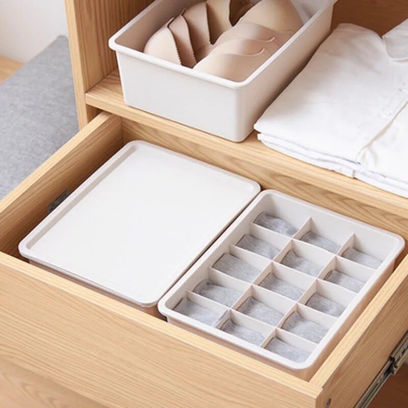 

DIY 3Pc/Set With Lid Underwear Storage Box 1/10/15 Grid Household Wardrobe Drawer Cabinet Socks Bra Organization Storage Tool