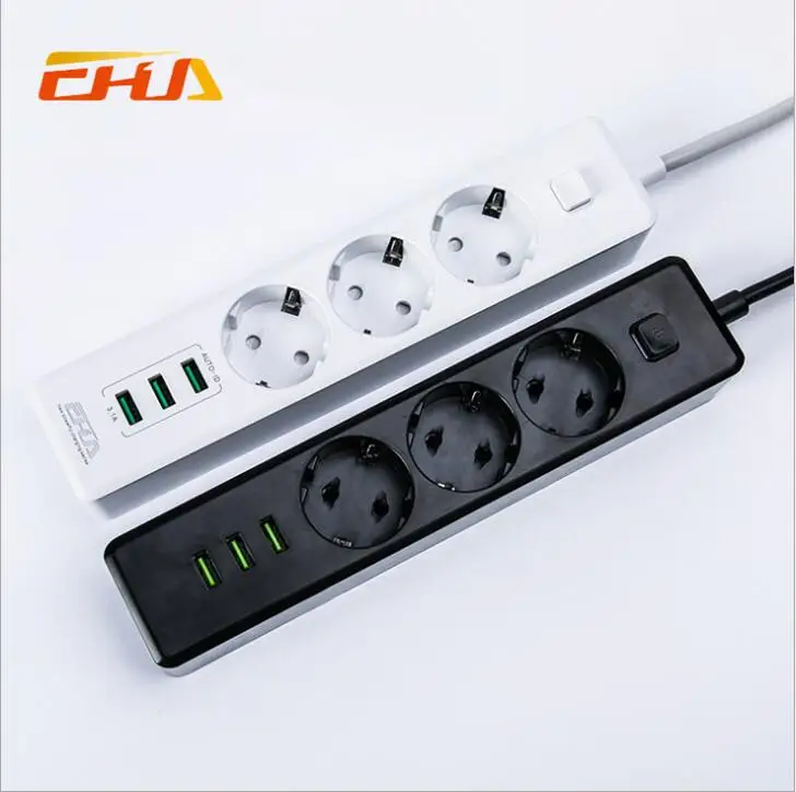

White/Black 3 EU Plug Socket Outlets with 3 USB Ports Quick Charging 250V 10A 1.8M Extension cord EU Adapter with Gift Package