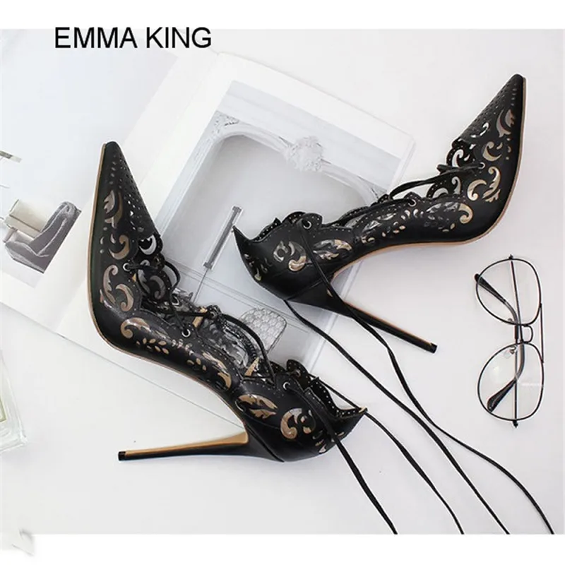 

EMMA KING Laser Cut Elegant Women Pumps Cross Tied Ankle Strap Lace up Pointed Toe High Heel Dress Shoes for Office Shoes Woman