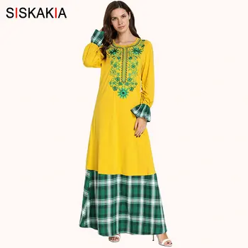 

Siskakia Ethnic Casual Long Dress Chic Floral Embroidery Maxi Dresses Plus Size Fashion Plaid Patchwork Round Neck Long Sleeve