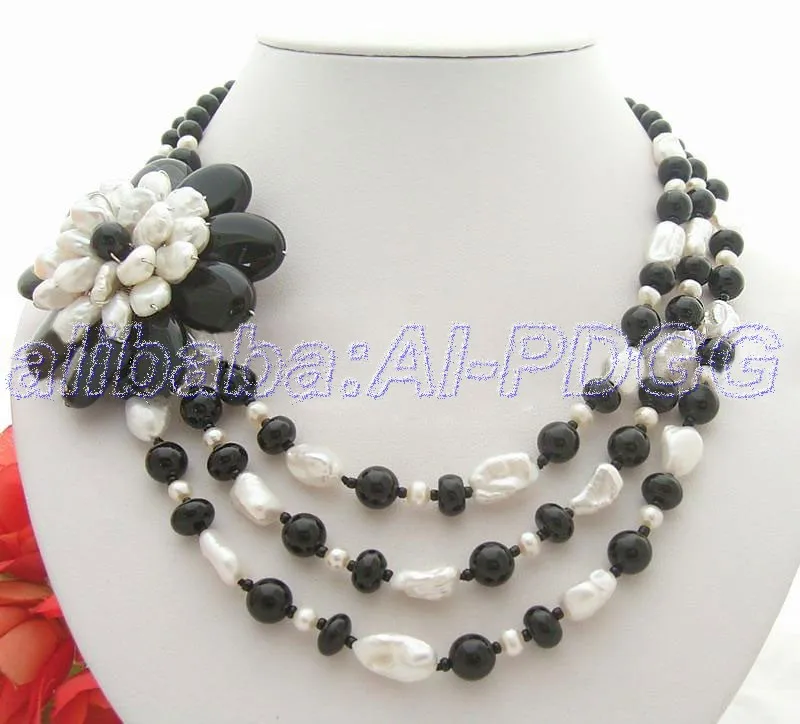 

3 strands Natural Reborn Keshi Pearl Onyx Necklace