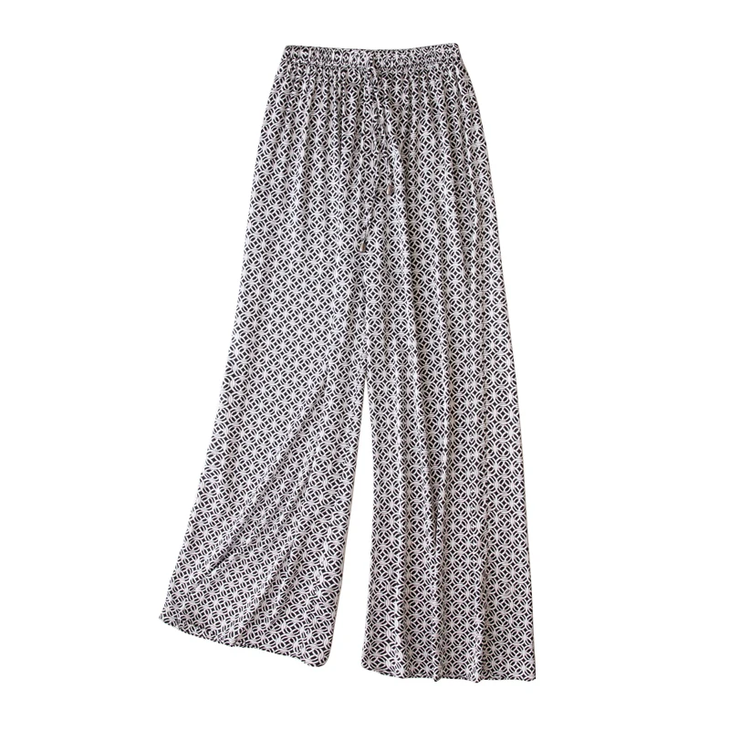

Vintage Women Summer Spring Natural Silk Pants Silk Loose Style Trousers Work Wear OL Fashion Holiday print wide leg Pants
