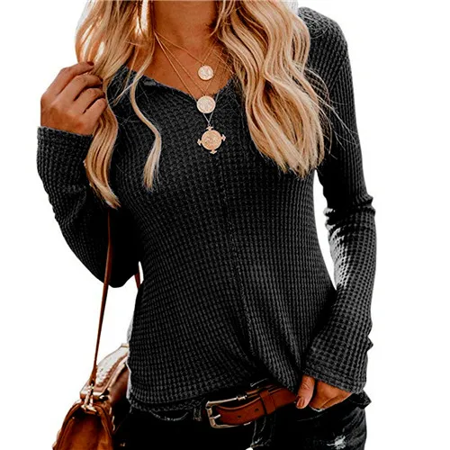 Новая однотонная трикотажная блузка женская повседневная с v-образным вырезом и длинным рукавом Женские топы с v-образным вырезом с длинным рукавом облегающая блузка Повседневная Топ рубашка - Цвет: Черный