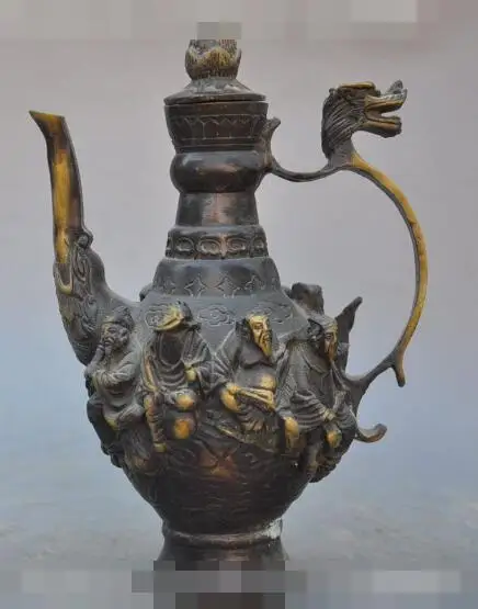 

S02180 6" Chinese Bronze 8 Eight immortal God Lotus Dragon beast Wine Pot Flagon Statue (B0413)