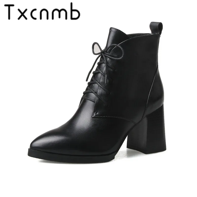 

TXCNMB Black Ankle Boots Genuine Leather Shoes Woman Autumn Winter 2020 Pointed Toe Luxury Brand Boots Women