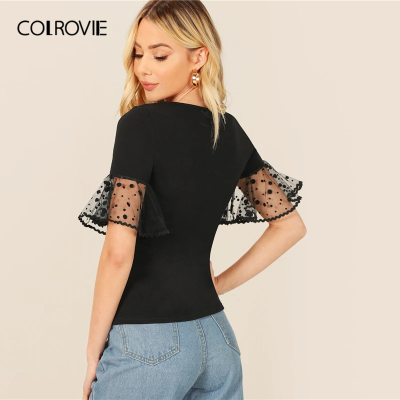 COLROVIE الأسود الصلبة ساحة الرقبة شكل صالح تي شيرت غير رسمي المرأة الملابس 2019 الربيع قصيرة نقطة شبكة انتفض كم أنيقة المحملات COLROVIE الأسود الصلبة ساحة الرقبة شكل صالح تي شيرت غير رسمي المرأة الملابس 2019 الربيع قصيرة نقطة شبكة انتفض كم أنيقة المحملات