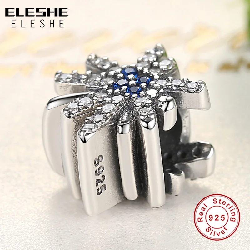 ELESHE синяя Хрустальная Снежинка Шарик Шарм с аутентичными стерлингового серебра 925 Подвески подходят браслет, женская бижутерия