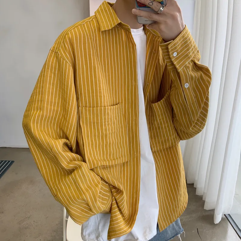 

2019 Autumn New Korean Men's Japanese Simple Striped Long-sleeved Couple Models Loose Retro Casual Shirt