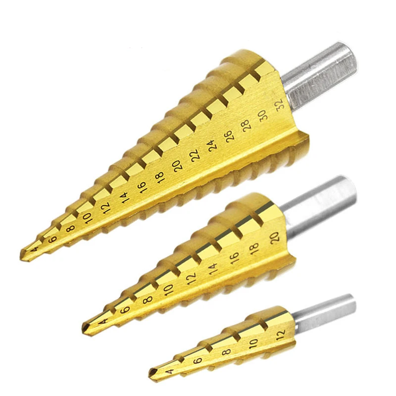 Step Drill Bit HSS Steel Cone Titanium Coated Woodworking Drill Bits Tool Set Hole Cutter 4-12 4-20 4-32 10-45mm Center Punch Step Drill Bit HSS Steel Cone Titanium Coated Woodworking Drill Bits Tool Set Hole Cutter 4-12 4-20 4-32 10-45mm Center Punch
