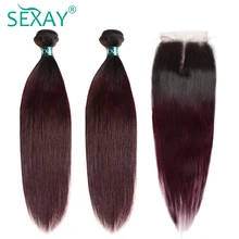T1B/99J бордовый бразильский прямые волосы 3 Связки с закрытием SEXAY омбре с темными корнями человеческих волос пучки с закрытием не Remy