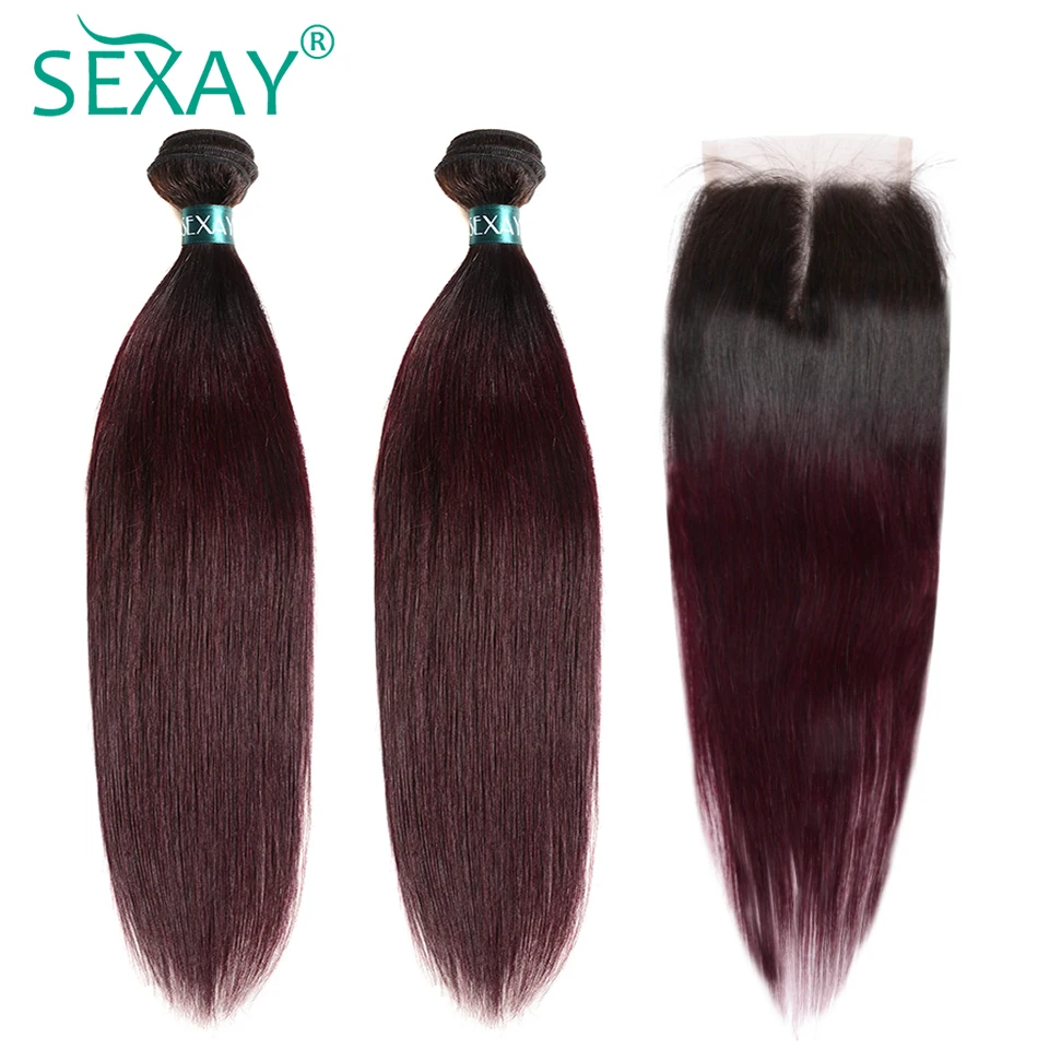 

T1B/99J Burgundy Brazilian Straight Hair 3 Bundles With Closure SEXAY Dark Roots Ombre Human Hair Bundles With Closure Non Remy