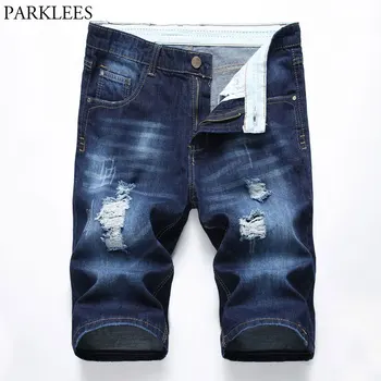 

Casual Ripped Jeans Shorts Men 2018 Summer New Cotton Slim Fit Straight Jeans Shorts Masculina Brand Knee Length Denim Shorts