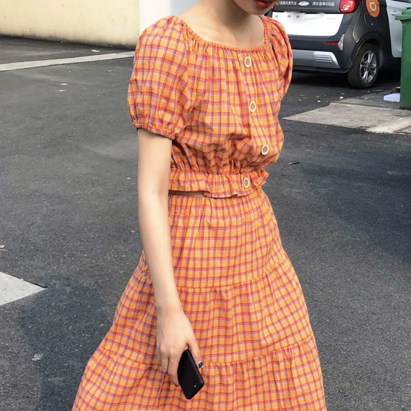

Womens Summer Orange Plaid Two 2 Piece Set Short Crop Top with Long A-line High Waist Skirt Outfits Matching Set Streetwear